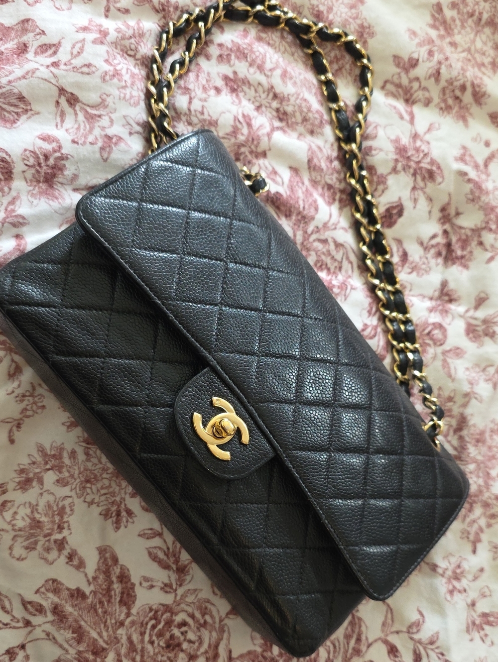 Chanel Black Quilted Caviar Leather Medium Classic Flap Bag with Gold P Hardware